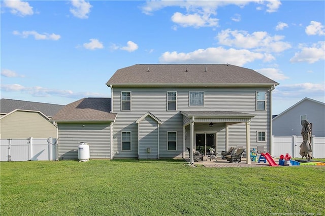 123 Sorrel Ct, Raeford, NC 28376 - rear view of house with a patio, ceiling fan, a fenced backyard, and a gate