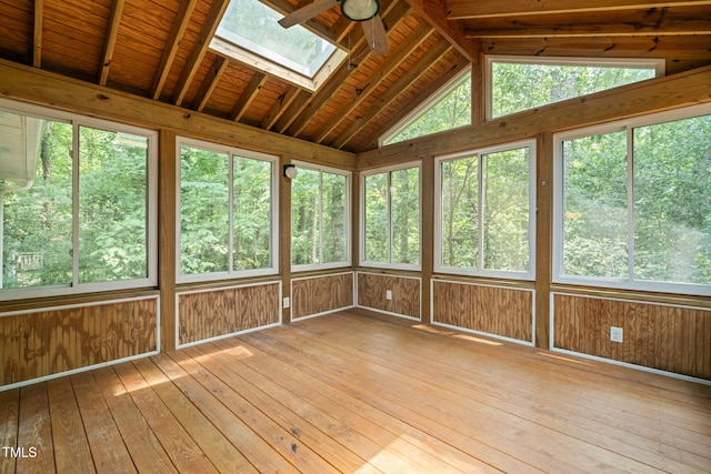 601 Wofford Rd, Durham, NC 27707 - unfurnished sunroom with a skylight, lofted ceiling, plenty of natural light, and a ceiling fan