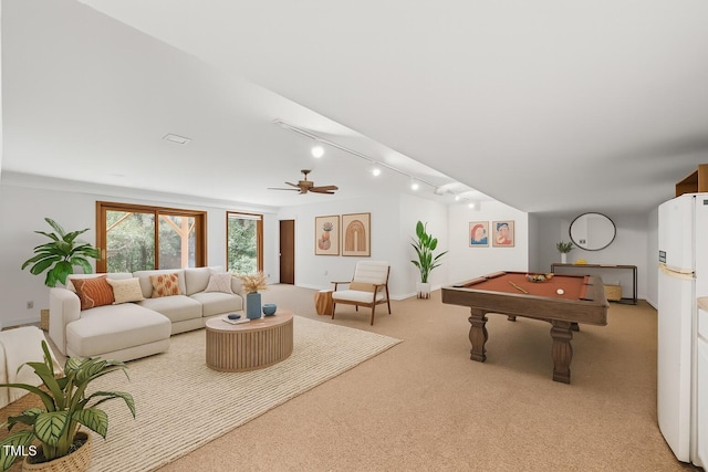 601 Wofford Rd, Durham, NC 27707 - rec room with billiards, carpet, rail lighting, and a ceiling fan
