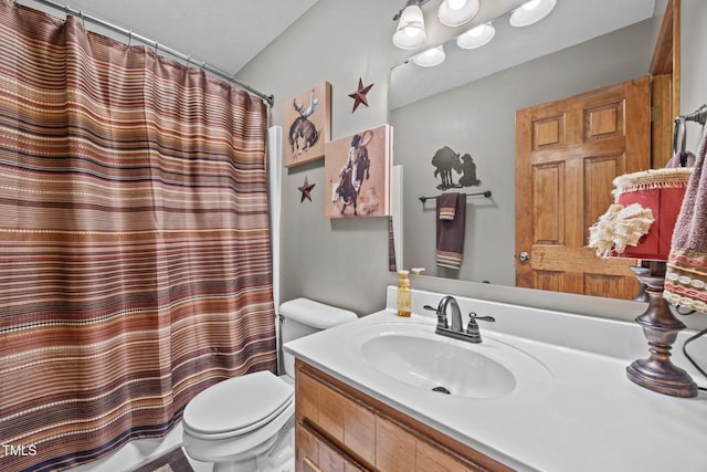 full bath with vanity and a shower with shower curtain