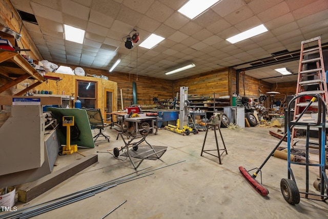 garage with a workshop area