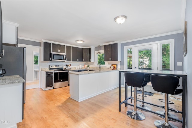 5900 Holly Dr, Raleigh, NC 27616 - kitchen featuring appliances with stainless steel finishes, healthy amount of natural light, crown molding, and light wood-style flooring