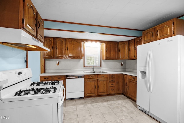 7595 Clayton Blvd Unit B, Clayton, NC 27520 - kitchen featuring white appliances, under cabinet range hood, light countertops, and brown cabinetry