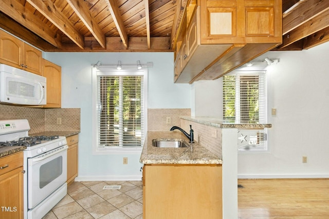 18 Frances St, Chapel Hill, NC 27517 - kitchen featuring white appliances, a wooden ceiling with exposed beams, decorative backsplash, healthy amount of natural light, and light stone counters