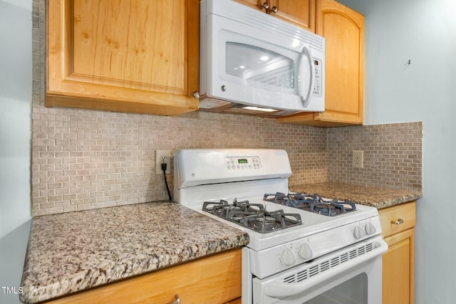 18 Frances St, Chapel Hill, NC 27517 - kitchen with white appliances, backsplash, light brown cabinets, and light stone countertops