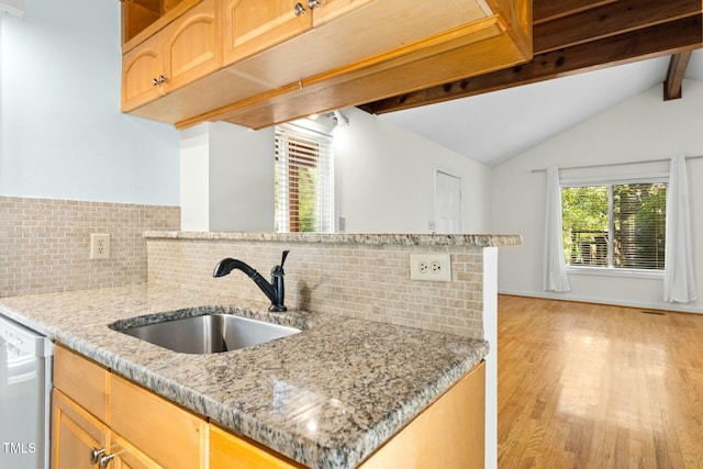 18 Frances St, Chapel Hill, NC 27517 - kitchen featuring white dishwasher, light wood-type flooring, light stone countertops, backsplash, and a peninsula