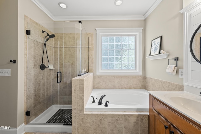 204 Edgepine Dr, Holly Springs, NC 27540 - full bathroom with a garden tub, vanity, a shower stall, and crown molding