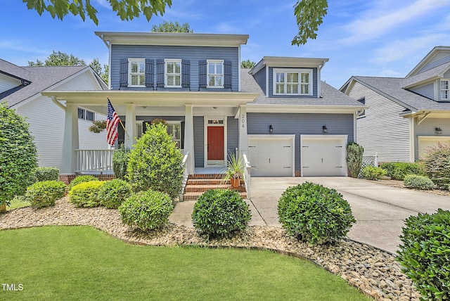 204 Edgepine Dr, Holly Springs, NC 27540 - traditional-style house featuring driveway, covered porch, an attached garage, a front lawn, and a shingled roof