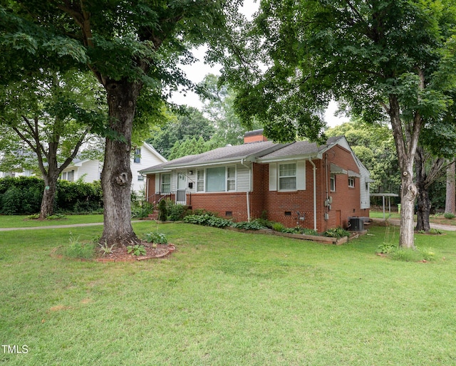 2100 Breeze Rd, Raleigh, NC 27608 - single story home featuring brick siding, a front yard, a chimney, and crawl space