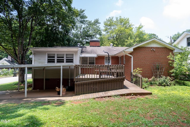 2100 Breeze Rd, Raleigh, NC 27608 - rear view of property featuring brick siding, a yard, a wooden deck, and a chimney