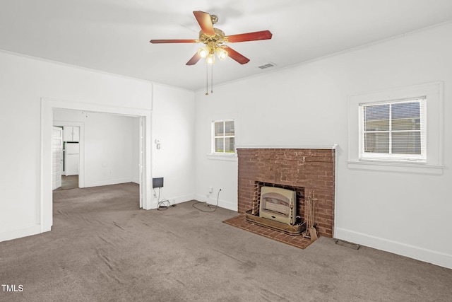 907 Morehead Ave, Durham, NC 27707 - unfurnished living room with carpet, a ceiling fan, and a fireplace