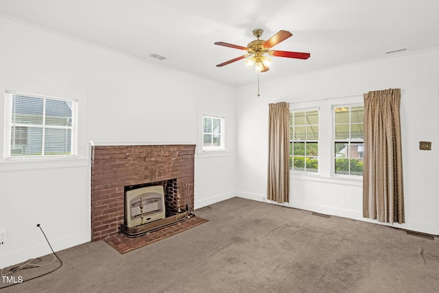 907 Morehead Ave, Durham, NC 27707 - unfurnished living room featuring carpet, a ceiling fan, and a brick fireplace
