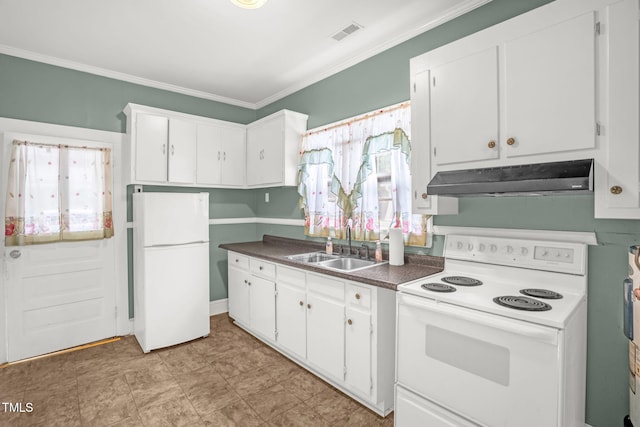 907 Morehead Ave, Durham, NC 27707 - kitchen featuring white appliances, under cabinet range hood, dark countertops, white cabinetry, and crown molding