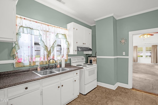 907 Morehead Ave, Durham, NC 27707 - kitchen with white range with electric stovetop, under cabinet range hood, dark countertops, white cabinets, and ornamental molding