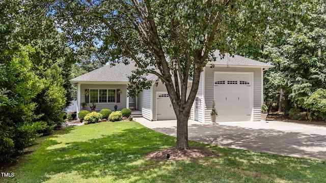 1221 Sagamore Dr, Louisburg, NC 27549 - view of property hidden behind natural elements featuring concrete driveway, a front lawn, an attached garage, and a shingled roof