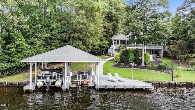 1221 Sagamore Dr, Louisburg, NC 27549 - dock area featuring boat lift, a water view, and a yard