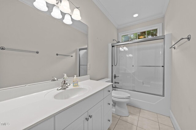 1221 Sagamore Dr, Louisburg, NC 27549 - full bath featuring vanity, tile patterned flooring, shower / bath combination with glass door, and crown molding