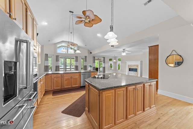 1221 Sagamore Dr, Louisburg, NC 27549 - kitchen with appliances with stainless steel finishes, a ceiling fan, a stone fireplace, vaulted ceiling, and light wood-type flooring