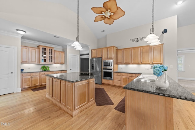 1221 Sagamore Dr, Louisburg, NC 27549 - kitchen with stainless steel appliances, high vaulted ceiling, glass insert cabinets, light brown cabinets, and light wood finished floors
