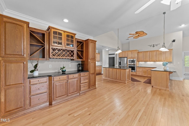 1221 Sagamore Dr, Louisburg, NC 27549 - kitchen with appliances with stainless steel finishes, ceiling fan, open shelves, dark countertops, and high vaulted ceiling