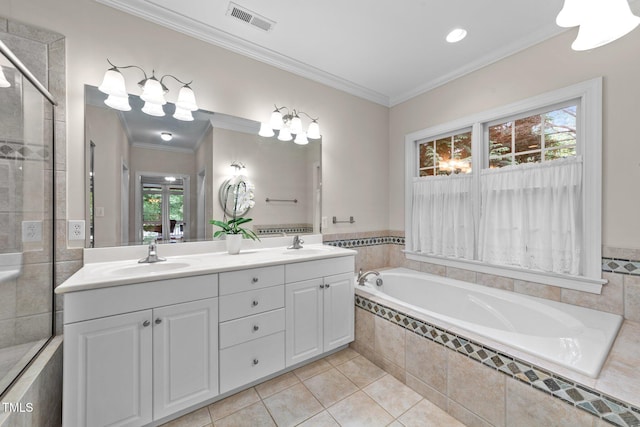 1221 Sagamore Dr, Louisburg, NC 27549 - full bath featuring double vanity, a bath, ornamental molding, tile patterned floors, and a tile shower