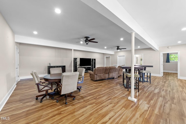 1221 Sagamore Dr, Louisburg, NC 27549 - dining space with light wood-style floors, ceiling fan, and recessed lighting