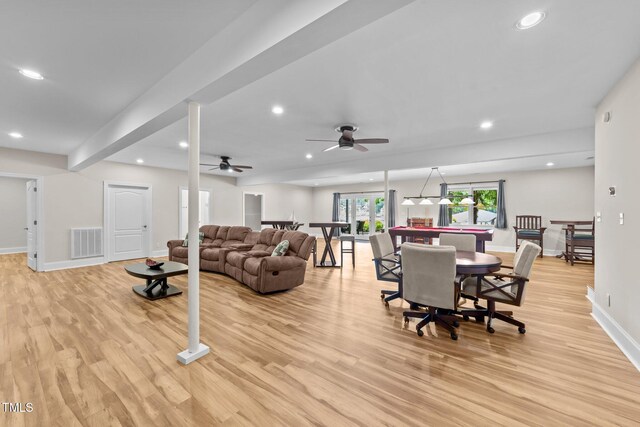 1221 Sagamore Dr, Louisburg, NC 27549 - living room featuring recessed lighting, light wood-type flooring, and a ceiling fan