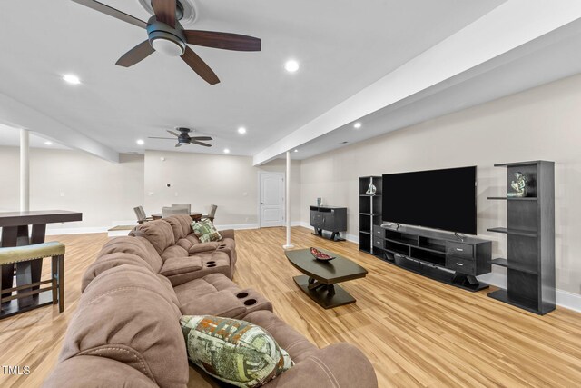 1221 Sagamore Dr, Louisburg, NC 27549 - living room featuring ceiling fan, recessed lighting, and wood finished floors