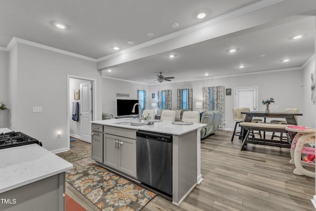220 Garden Vine Trl, Raleigh, NC 27610 - kitchen with stainless steel dishwasher, open floor plan, gray cabinets, ornamental molding, and a ceiling fan