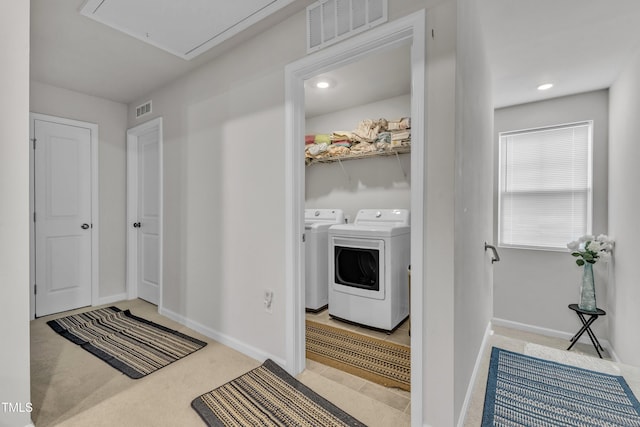 220 Garden Vine Trl, Raleigh, NC 27610 - laundry area featuring attic access, washer and clothes dryer, and recessed lighting