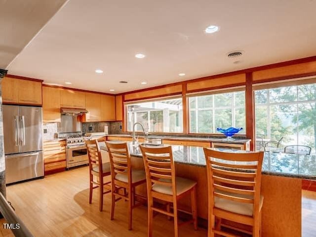 64 Robin Rd, Semora, NC 27343 - kitchen featuring appliances with stainless steel finishes, light wood-style flooring, decorative backsplash, light stone countertops, and recessed lighting