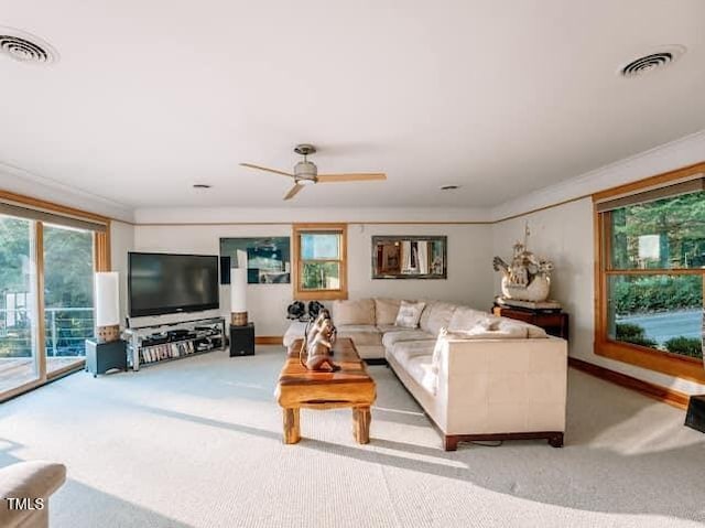 64 Robin Rd, Semora, NC 27343 - carpeted living area with ceiling fan and ornamental molding