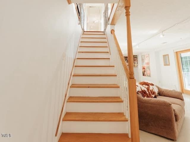 64 Robin Rd, Semora, NC 27343 - staircase featuring rail lighting and wood finished floors