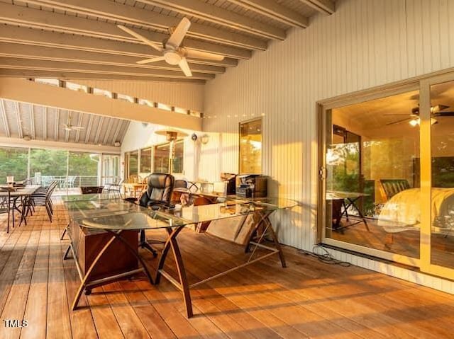 64 Robin Rd, Semora, NC 27343 - wooden terrace with outdoor dining space and a ceiling fan