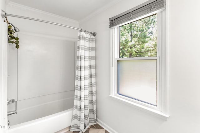 212 Heidinger Dr, Cary, NC 27511 - bathroom featuring shower / bath combo with shower curtain and crown molding