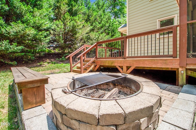 212 Heidinger Dr, Cary, NC 27511 - view of patio / terrace featuring an outdoor fire pit, a deck, and stairway