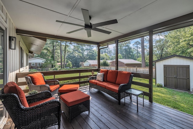 2003 Ryerson Dr, Garner, NC 27529 - sunroom / solarium featuring a ceiling fan, an outdoor living space, and view of scattered trees