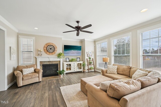 1985 Firenza Dr, Apex, NC 27502 - living room with ornamental molding, a fireplace, ceiling fan, dark wood-style flooring, and recessed lighting