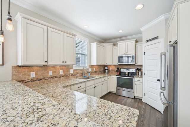 1985 Firenza Dr, Apex, NC 27502 - kitchen featuring stainless steel appliances, light stone countertops, dark wood-style floors, ornamental molding, and hanging light fixtures