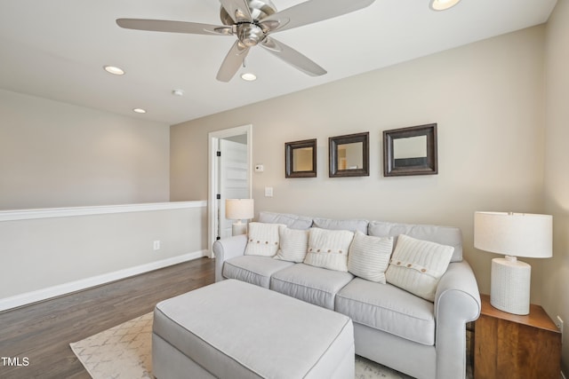 1985 Firenza Dr, Apex, NC 27502 - living room featuring ceiling fan, wood finished floors, and recessed lighting