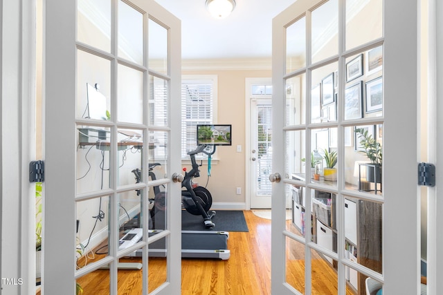 10906 Flower Bed Ct, Raleigh, NC 27614 - workout room with french doors, wood finished floors, and ornamental molding