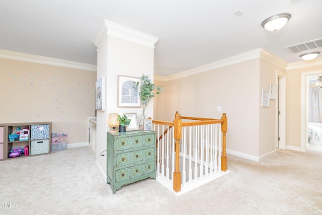 10906 Flower Bed Ct, Raleigh, NC 27614 - corridor featuring an upstairs landing, crown molding, and carpet