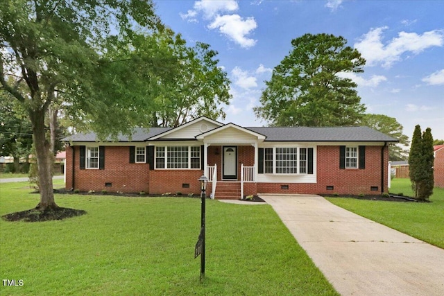 201 Shady Lane Dr, Smithfield, NC 27577 - ranch-style house featuring crawl space, driveway, a front yard, and brick siding