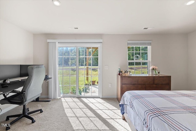 6620 Pathfinder Way, Raleigh, NC 27616 - bedroom featuring light carpet, access to exterior, multiple windows, recessed lighting, and an office area