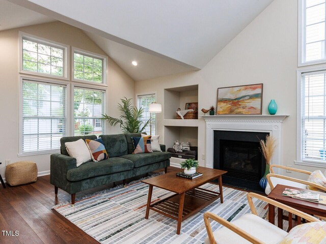 1103 Mallory Ln, Durham, NC 27713 - living room featuring high vaulted ceiling, light wood finished floors, plenty of natural light, a fireplace with flush hearth, and built in shelves