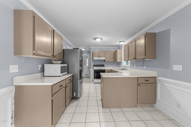2205 Bufflehead Rd, Raleigh, NC 27616 - kitchen featuring white appliances, under cabinet range hood, a peninsula, light countertops, and light tile patterned floors