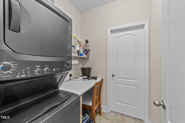 85 Twelve Oaks Dr, Willow Springs, NC 27592 - laundry room featuring stacked washer and clothes dryer and a desk