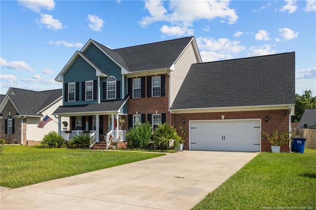 195 Hogart St, Raeford, NC 28376 - view of front of property with covered porch, brick siding, driveway, and a front yard