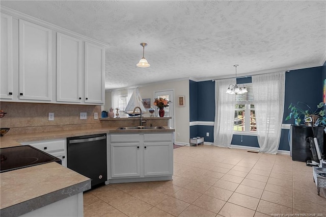 195 Hogart St, Raeford, NC 28376 - kitchen with dishwashing machine, a chandelier, white cabinetry, a textured ceiling, and hanging light fixtures