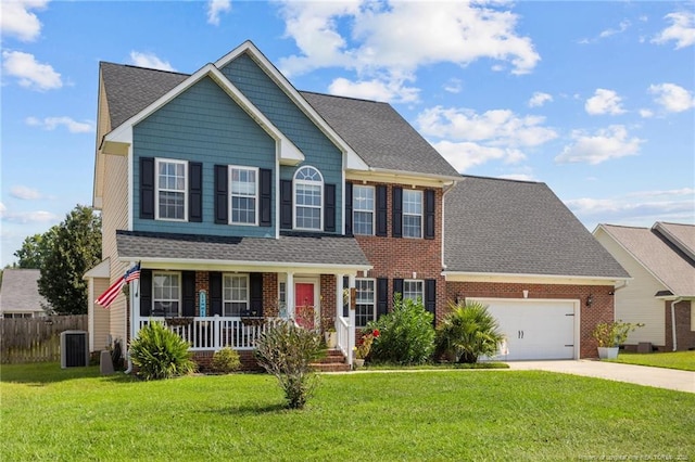 195 Hogart St, Raeford, NC 28376 - view of front of home featuring a porch, an attached garage, brick siding, and concrete driveway